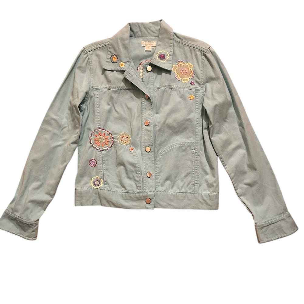 Christopher and Banks Size Medium Turquoise Floral Embroidered Cotton Jacket